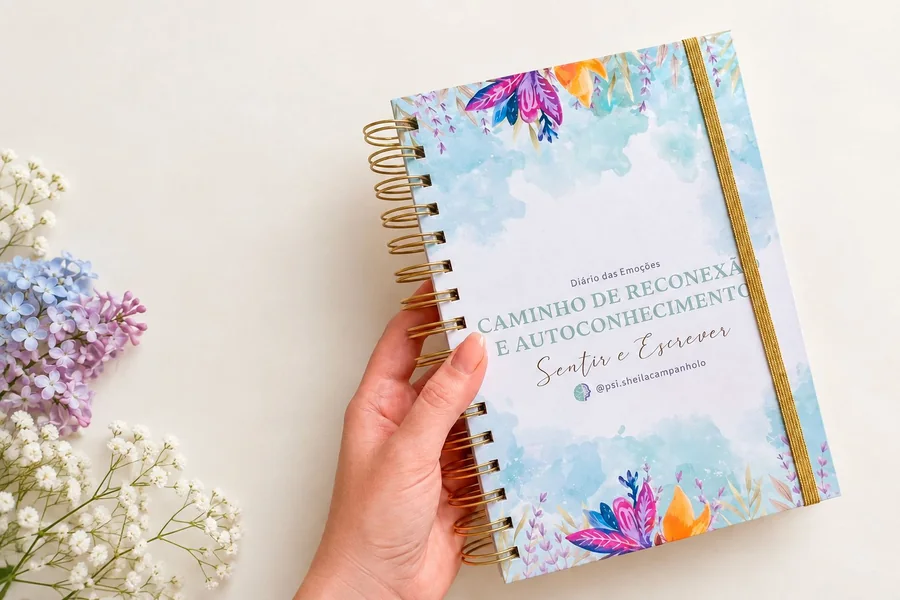 Diário das Emoções com capa floral, espiral dourada e elástico